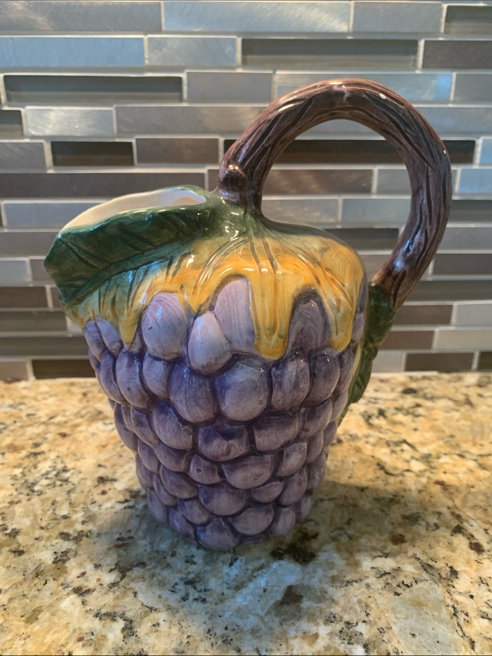 Hand-Painted Ceramic Grape Pitcher in Purple and Yellow